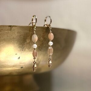 Blushing Moonstone & Pearl Skull Earrings, Gothic Gold Dangle Earrings